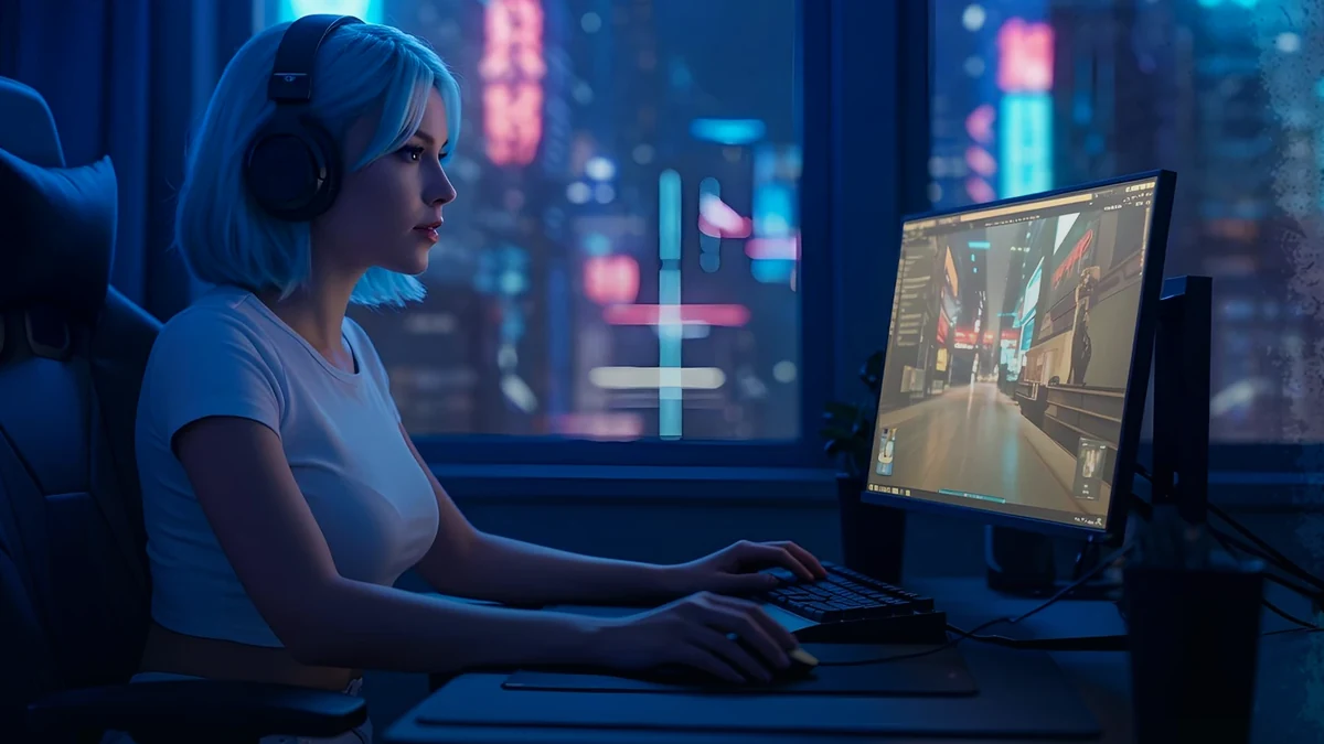Neon-lit streaming workstation with multiple monitors