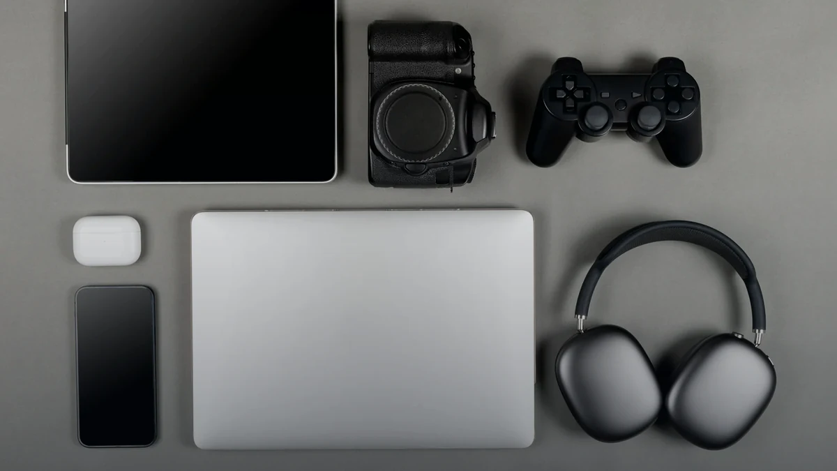 Creator desk with laptop, headphones, phone and audio equipment