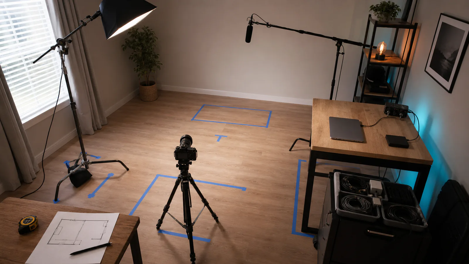 Compact creator room marked for camera, subject, light, microphone, desk, power and cable positions
