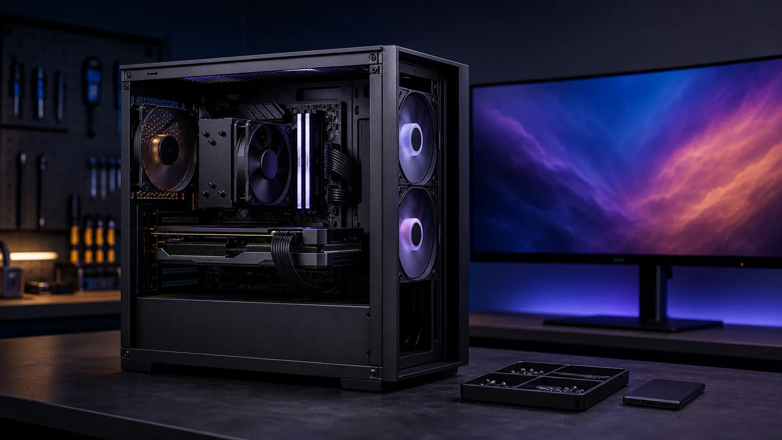 Open gaming PC beside an ultrawide display, with graphics, cooling, memory and storage visible