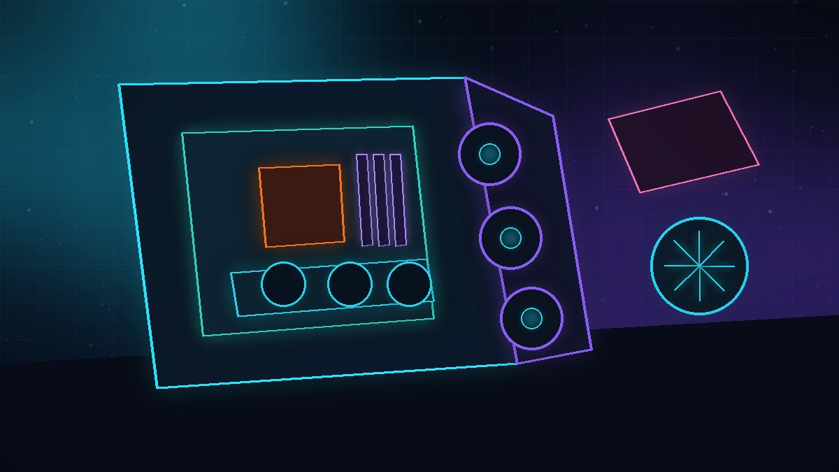 Neon illustration of an open gaming PC with graphics card, processor, memory and cooling components