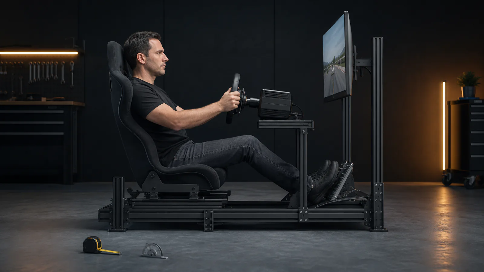 Driver seated in a side-view sim-racing cockpit with aligned wheel, pedals and display